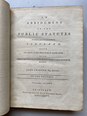 1788 Laws Scotland Lord John Swinton Volume Second Full Leather Clan Rutherfurd