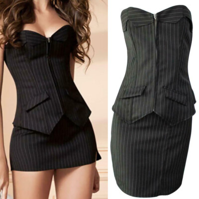 US Office Stripes Suit Corset and Skirt Set Lingerie Overbust Lace