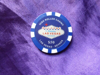 Magnet jeton $50 Las Vegas High Roller Casino 4 cm Fond bleu & blanc recto verso