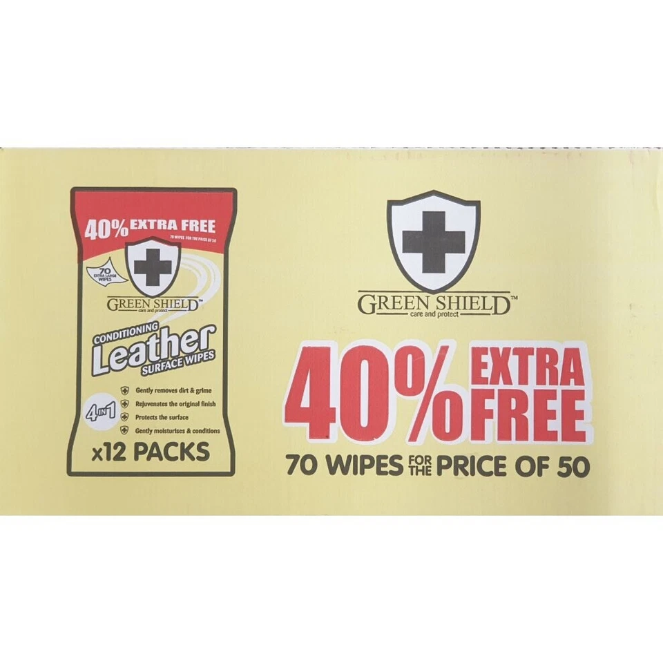 GREEN SHEILD 12 Packs X 70 Sheets GreenShield Leather Wipes Rejuvenates Protects Cleans Grime