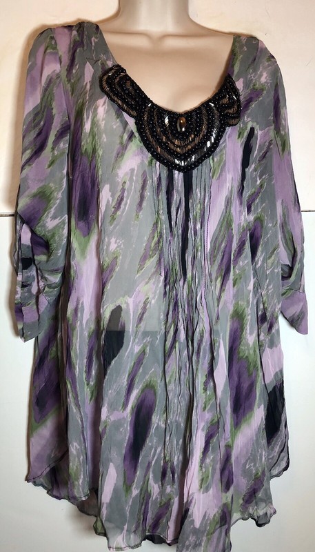 BISOU BISOU WOMENS SIZE L  TUNIC SEMI SHEER TOP BEADED NECKLINE GRAY/PURPLE