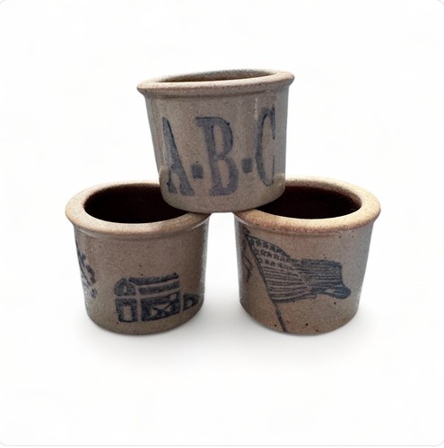 3 Vintage Beaumont Brothers Mini Crocks 1.5” Stoneware Salt Glaze 90’s