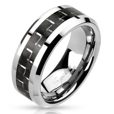 Ring Luxury Man Titanium  Stripe Black Carbon Fibre Silver New 2313