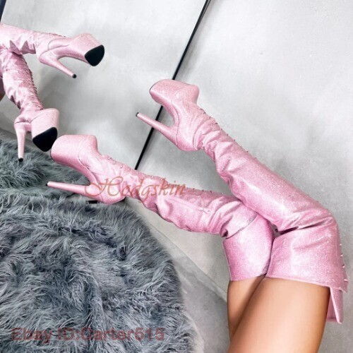 High Heels Platform Boot Shiny Leather Side Zipper Over The Knee Boots Round Toe - Picture 8 of 31