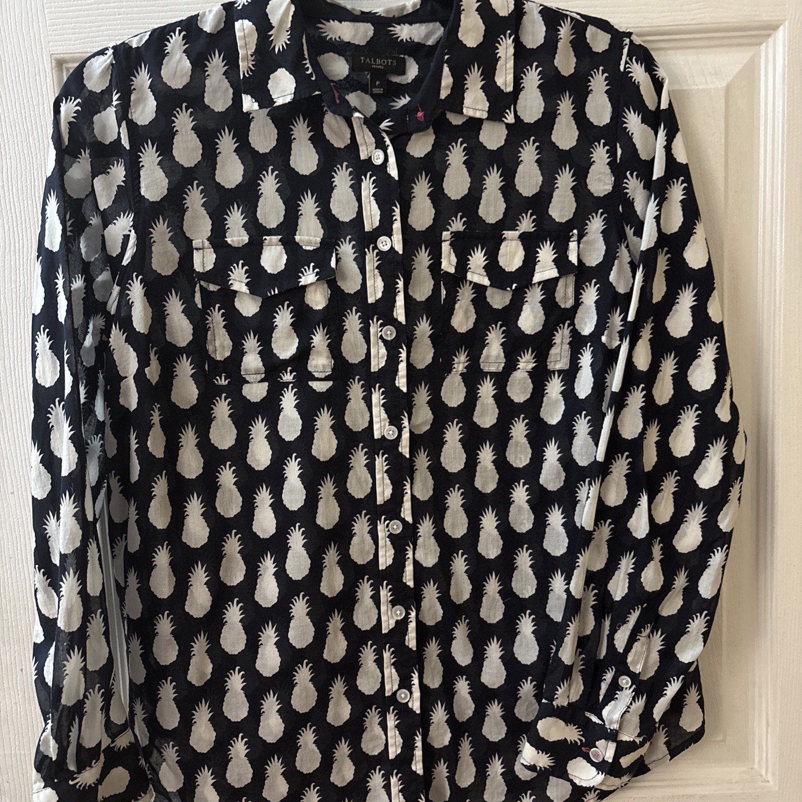talbots petite small button up top Pineapple Navy - image 2