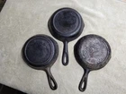 Vintage Lot Of 3 Lodge Cast Iron Skillets 3 Notch #3 And Heat Ring