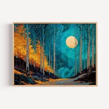 Enchanted Moonlit Birch Forest Canvas Print, Mystical Teal and Gold Woodland Art