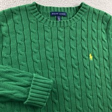 Polo Ralph Lauren Cable Knit Sweater Women Large Green Crewneck Pullover Pony RL