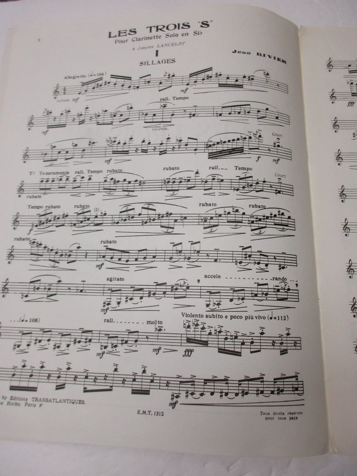 Jean Rivier Les Trois S for B Flat Clarinet Solo Sheet Music Transatlantiques - Image 2 of 2