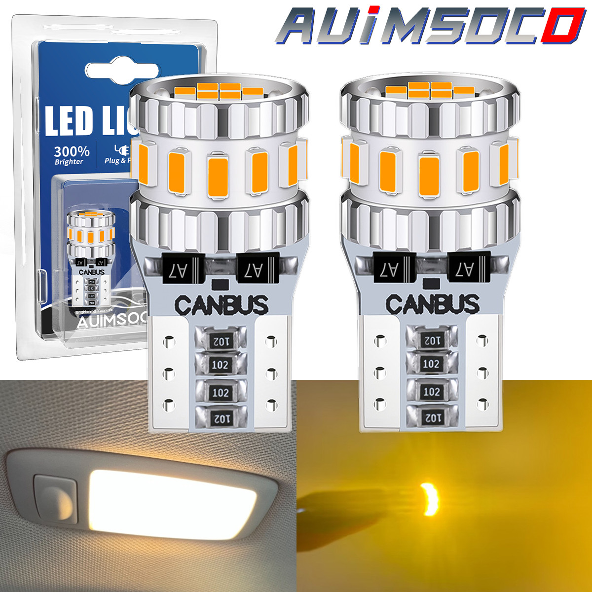 168 194 T10 LED Side Marker Light Bulbs Amber Yellow Super Bright CANBUS