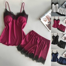 Womens Sexy Satin Silk Lace Lingerie Set Vest Shorts Nightwear Pyjamas Nightie