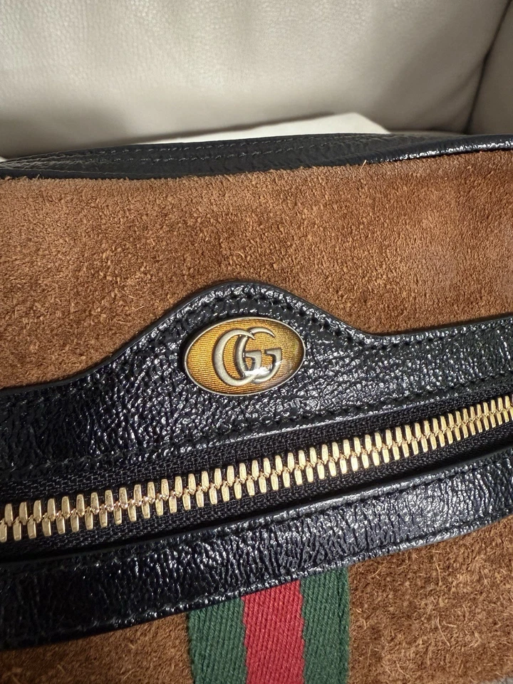 Authentic GUCCI Brown Suede Red Green Stripe Bum Bag Fanny Pack Purse GG Leather - Image 3 of 4
