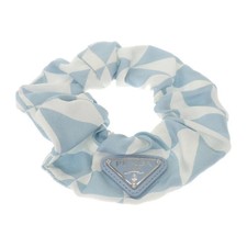 PRADA Triangle Logo Scrunchie Hair Accessory Silk Blue and White Women's ISY