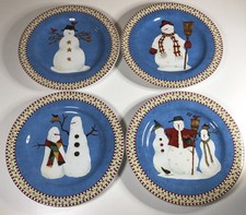 SAKURA Debbie Mumm SNOWMAN Set of 4 SALAD / DESSERT PLATES 8" Winter Holiday