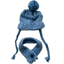 Winter Hat and Scarf Baby 0-6M Handknit Unisex Blue Securable Cold Weather Set