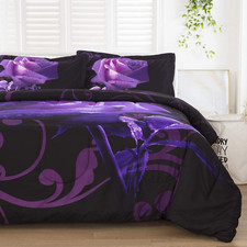 Purple Comforter Set King Valentine'S Day Reversible Purple Rose Pattern Bedding