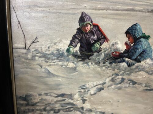 VINTAGE OIL PAINTING WINTER SCENE DEPICTING CHILDREN PLAYING IN THE SNOW - Picture 4 of 7