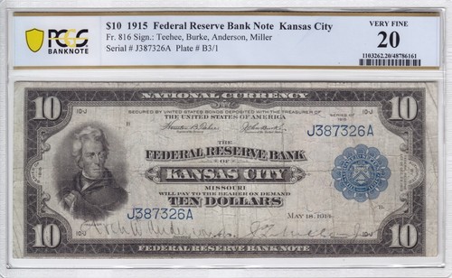 1915 $10 Federal Reserve Bank Note Kansas City MO FR#816 PCGS VF20 J387326A - Picture 1 of 2