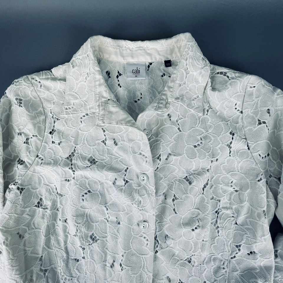 Chaqueta Retrato Mujer Cabi #5162 Crema Encaje Talla M Manga 3/4 Mezcla Algodón Marfil Foto 2 de 4