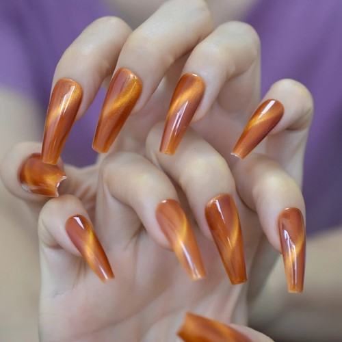 24 Autumn Orange Galaxy Cat Eye Gel Press On Nails Glossy Thick acrylic glue on - Picture 2 of 5