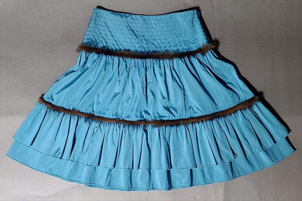 スカート BLUMARINE Woman Skirt Blue VTG Blumarine Skirt 93% Italian Silk Fur Trim Midi Turquoise