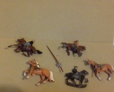 Vintage Miniature Soldiers, Sword,  Horses. Cast Iron. Hand Painted. 6 Pieces.