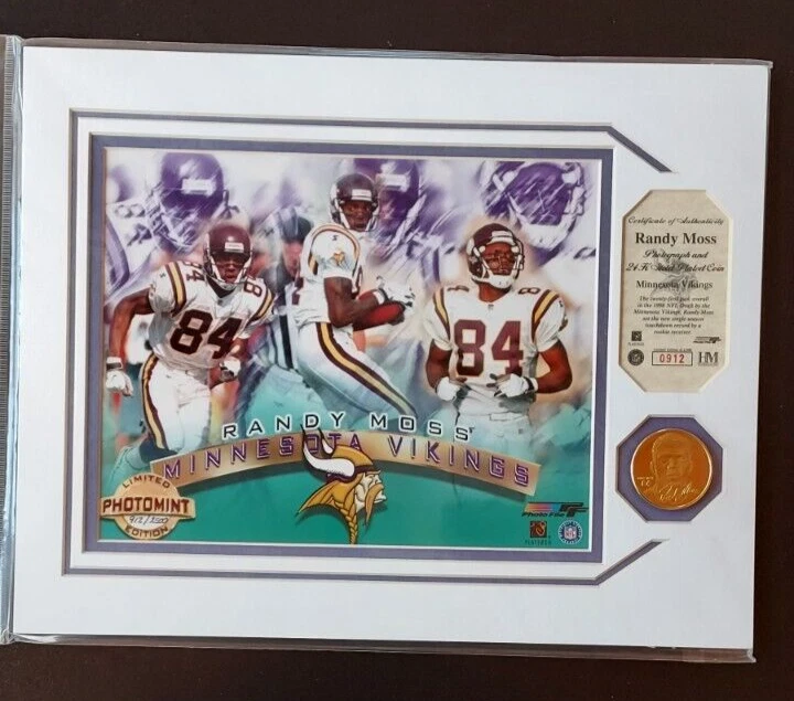 Fotografía Randy Moss enchapada en oro de 24k Highland Mint S#d certificado de autenticidad🔥👈 Foto 2 de 4