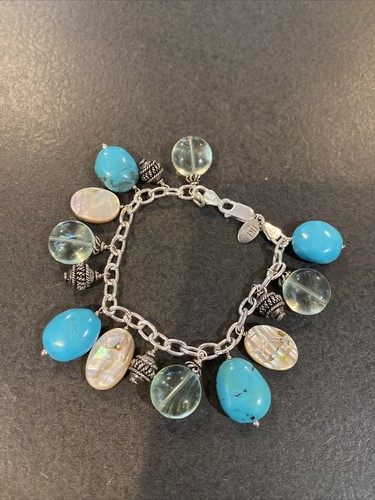 Vintage Sterling Silver & Turquoise Charms 925 Bracelet Signed JRI