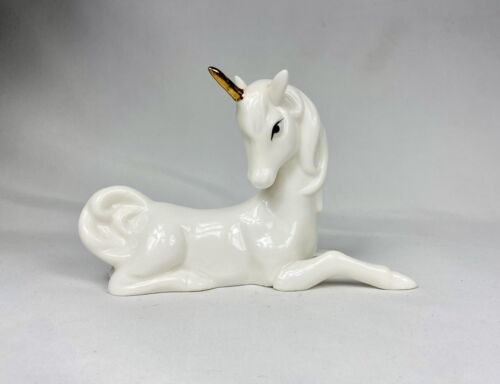 Vintage ENESCO PORCELAIN UNICORN FIGURINE 4” tall x 6” long. 80s Retired Fanasty - Picture 1 of 4