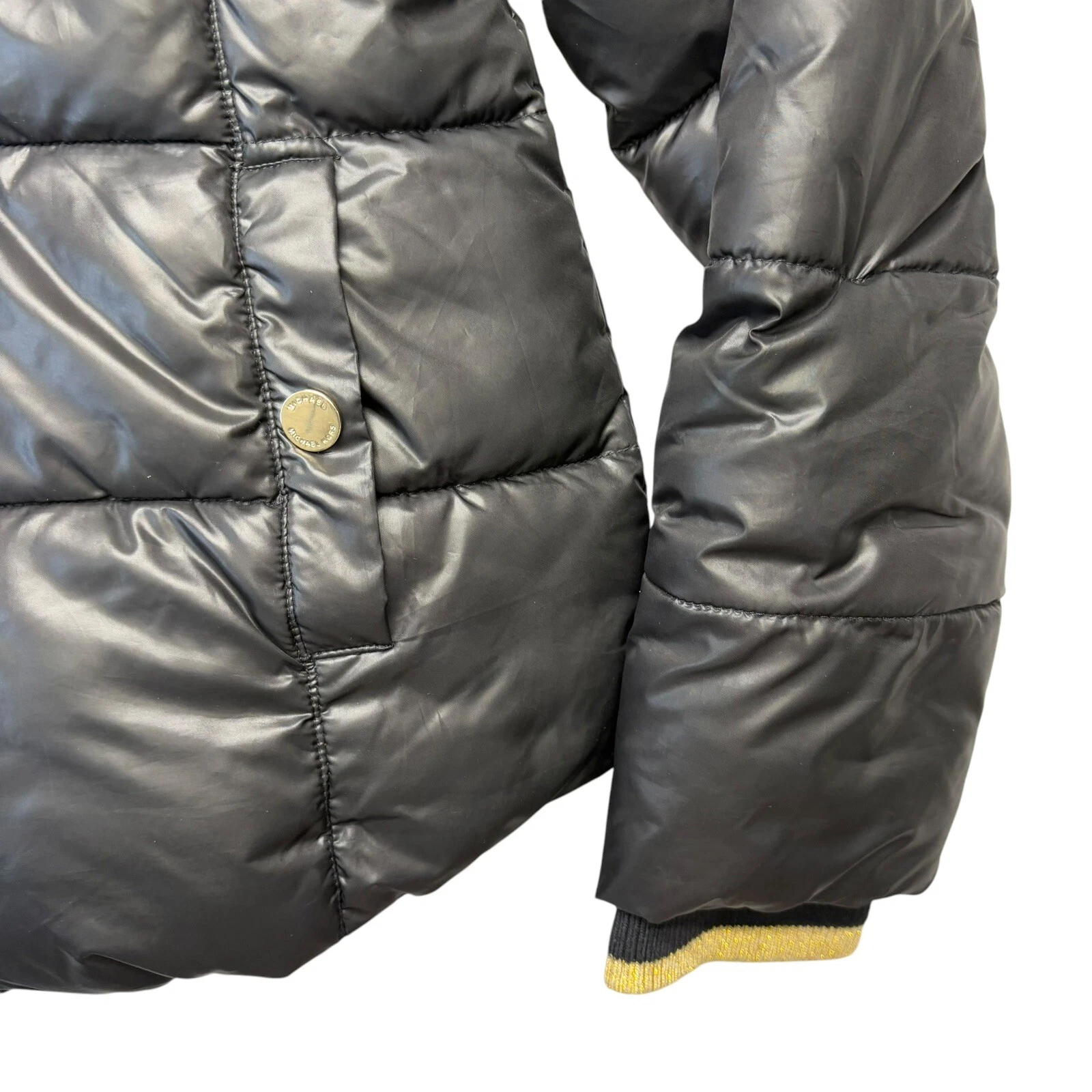Cappotto bambina Michael Kors 14 nero cappuccio imbottito leopardato oro cerniera giacca invernale