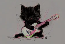 ACEO Mini *Art Print* Black Baby Cat Kitten Playing a Guitar/ Music by Saulite