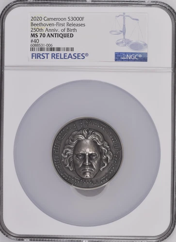 BEETHOVEN DIAMOND INSERT 2020 CAMEROON 3oz SILVER COIN NGC MS 70 FIRST RELEASE