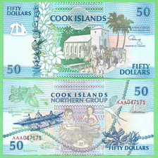 Cook Islands 50 Dollars 1992 P10 First Prefix AAA, AAA047171 UNC