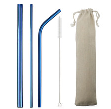 4pc Stainless Steel Metal Blue Drinking Straw Kit, inc Extra Wide, Brush & Pouch