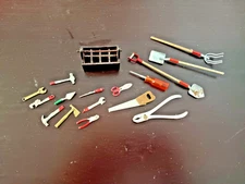 Dollhouse Miniature Alloy Tools Tote & Larger Garden Tools Lot 17 Pieces