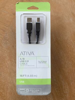 Ativa USB 2.0 A/B Data Cable 16' Black For Hi-Speed USB Devices Item 828-645