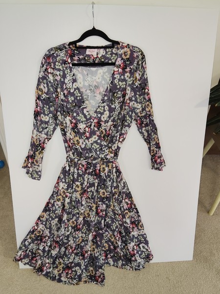 Leona Edmiston Purple Floral Wrap Dress V-Neck 3 Tie Waist Midi Size 8 Aus