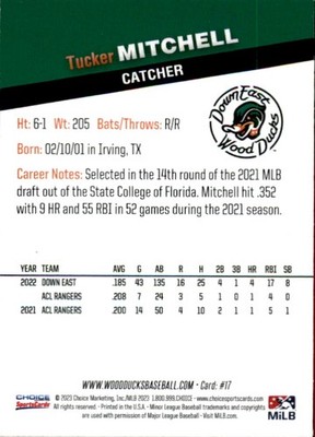 2023 Down East Wood Ducks Choice #17 Tucker Mitchell Irving Texas Baseball Card