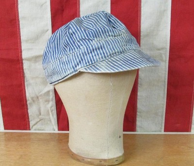 Vintage 1940s Denim Hickory Stripe Work Cap Hat Short Visor