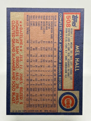 1984 Topps - Mel Hall #508 Chicago Cubs - Bild 2 von 2