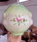 Vintage Puffy Roses GWTW Hurricane Milk Glass Lamp Ball Globe Shade 9"