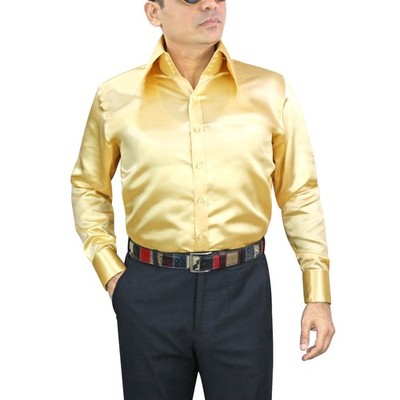 Men's Red Carpet Gold Glossy Shiny Satin Shirt Edwardian High Long Point Collar