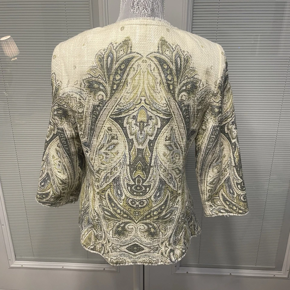 NUEVO CON ETIQUETAS $149 Chaqueta Chico's Heritage Tweed Embellecida Crema/Verde Cachemira Talla 0/S Foto 4 de 4