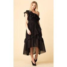 Ulla Johnson Clemente Dress Black One Shoulder Ruffle Midi Silk Blend Size 2