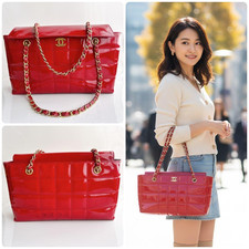 Chanel Chocolate Bar Chain Tote Shoulder Bag Patent Enamel Red Gold Vintage F/S