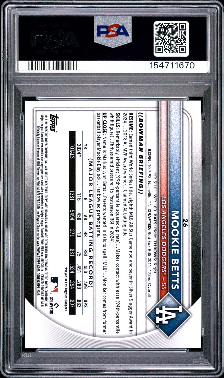 2025 BOWMAN CHROME ORANGE GEOMETRIC #26 MOOKIE BETTS 20/25 PSA 10 view 2