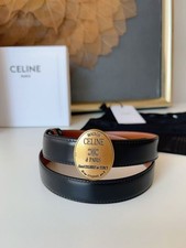 CELINE Maison Triomphe Black Brown Leather Belt Gold Oval Buckle With Box