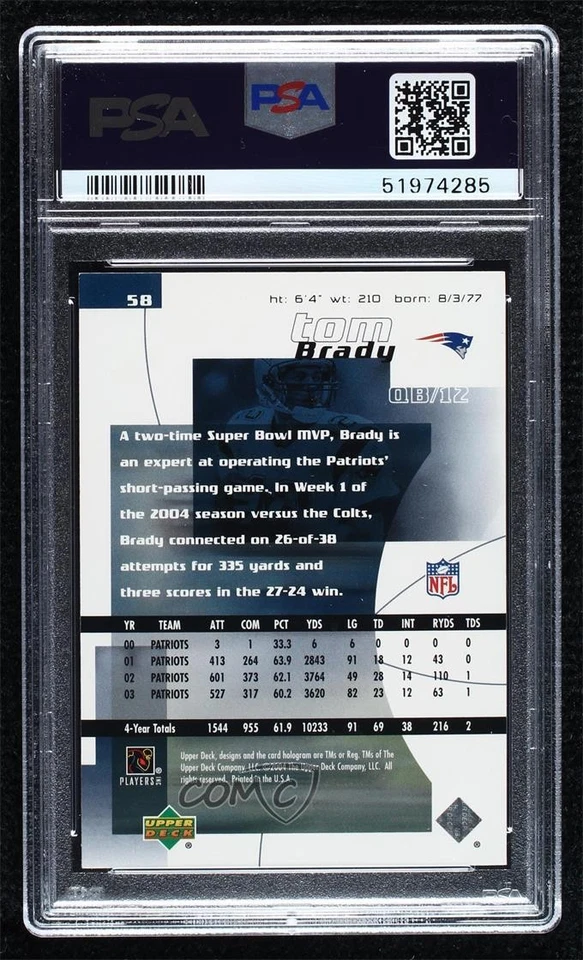 2004 Upper Deck Finite HG Tom Brady #58 PSA 7.5 - Image 2 of 2