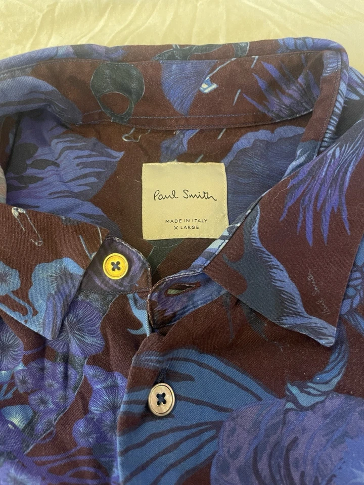 Paul Smith Manga Corta Abotonada XL 100% Viscosa Azul Patrón Hawaiano Foto 2 de 4