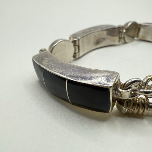 Vintage Mexican Sterling Silver Black Onyx Modernist Bracelet 7.75” D • 44.3g - Picture 7 of 18